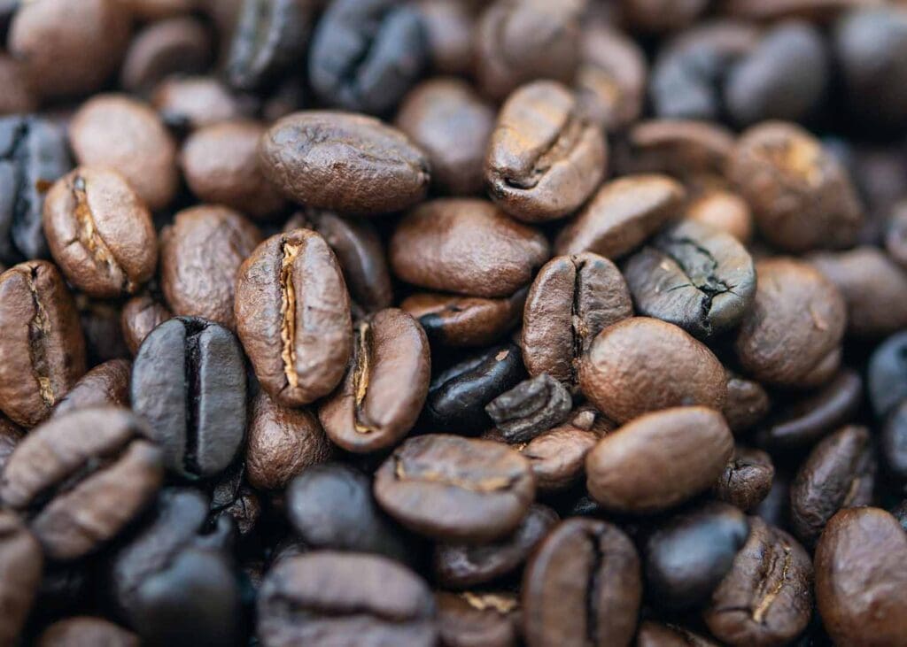 a mix of dark and medium roast beans from 7am Saturdays Coffee, closeup shot