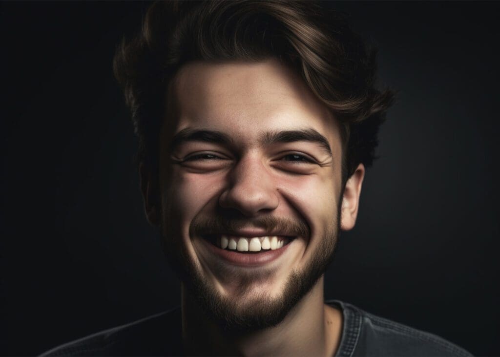 a young man with a beard, smiling