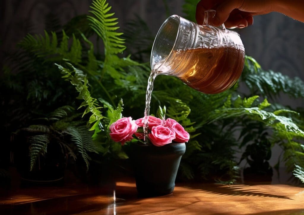 15 Coffee-Loving Houseplants: A Guide to Fertilizing with Coffee Grounds pouring a diluted coffee water fertilizer solution onto miniature pink roses