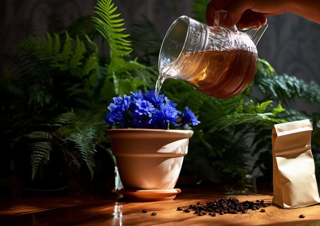 15 Coffee-Loving Houseplants: A Guide to Fertilizing with Coffee Grounds pouring coffee compost tea into a blue flowering plant