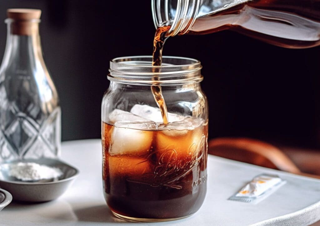 pouring cold brew coffee into a mason jar with coffee and collagen supplements inside