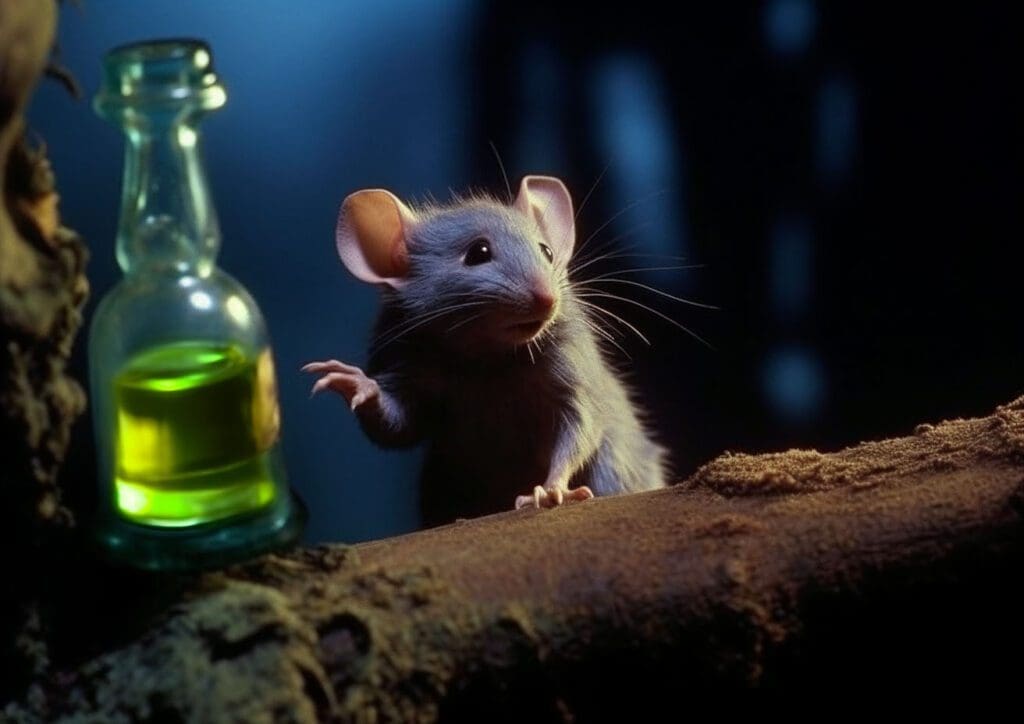 A rat reaching for a bottle of essential oils