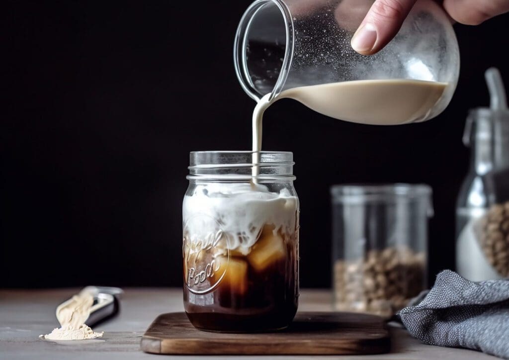 mixing cream and powdered collagen into cold brew coffee in a mason jar
