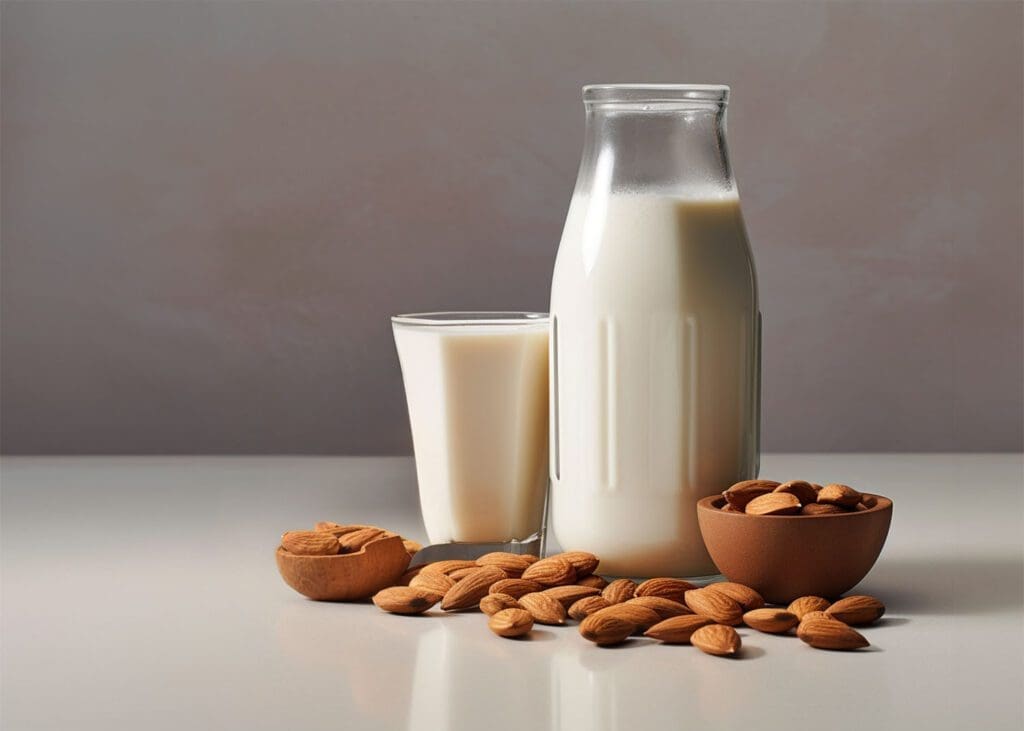 a bottle and glass filled with unsweetened almond milk