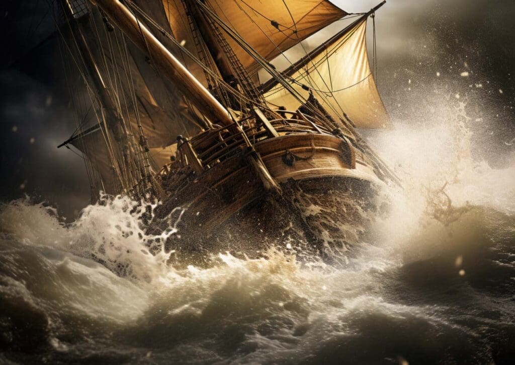 ship caught in a storm
