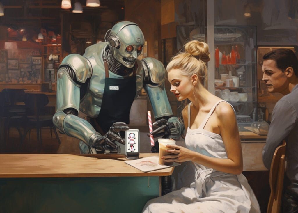 a robot barista showing a customer his baby robot riding a bike
