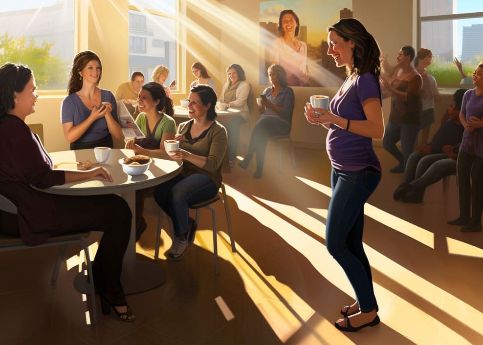 a group of women drinking coffee & laughing
