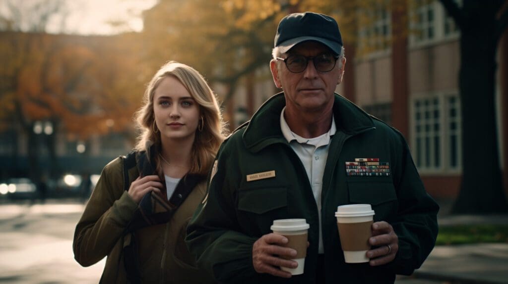 a veteran father walking his daughter into college