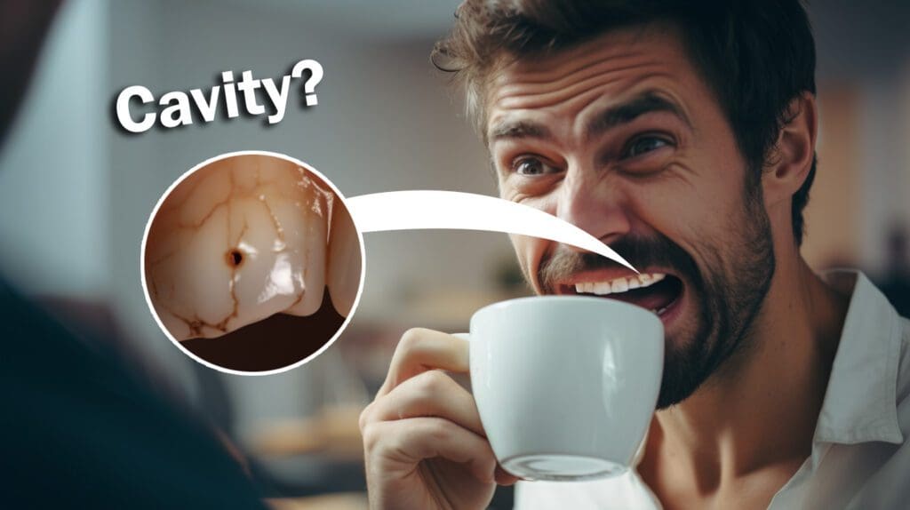 A Man Smiling In Pain As He Sips His Coffee With A Closeup Of A Cavity In His Tooth