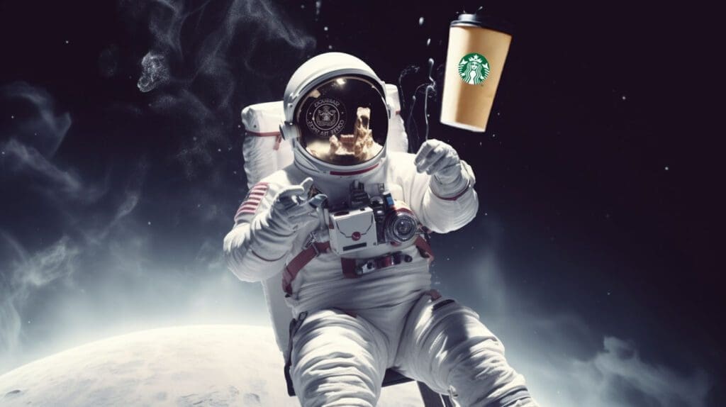 an astronaut floating away from his starbucks coffee in outerspace
