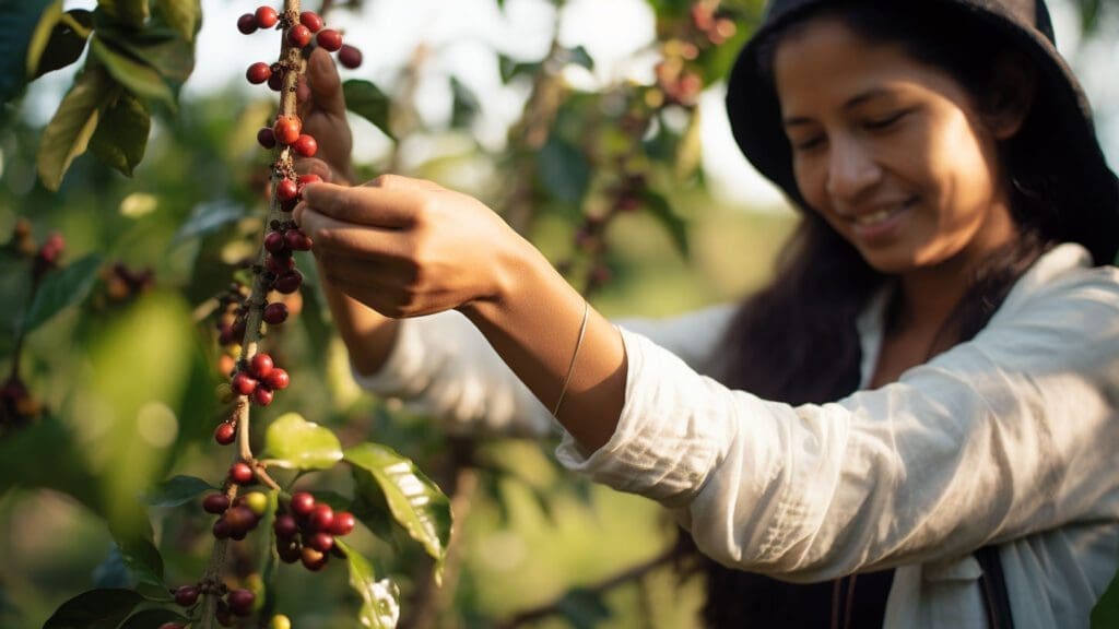 young woman harvesting coffee beans
