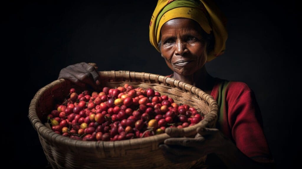 An elderly coffee farmer holding a basket of coffee cherries