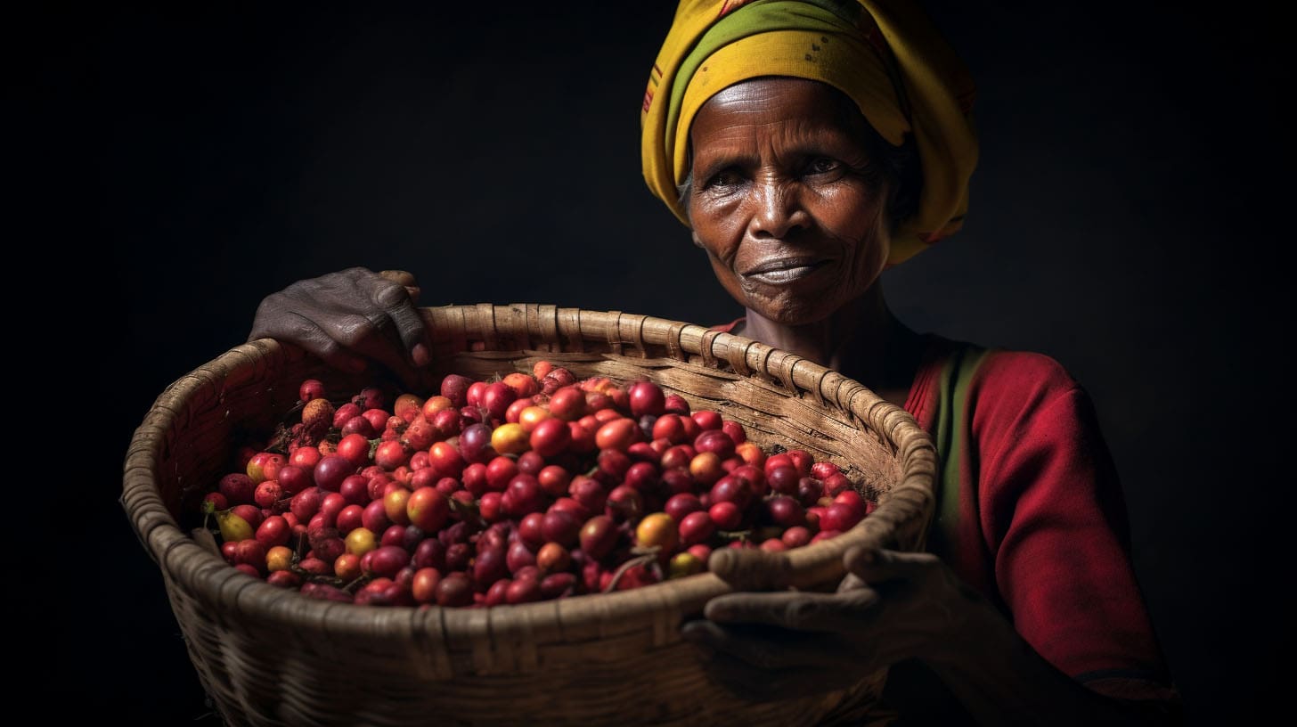 An elderly coffee farmer holding a basket of coffee cherries