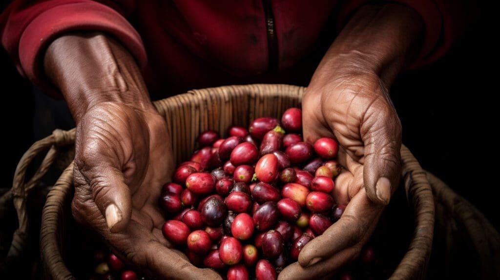 A closeup of harvested coffee cherries