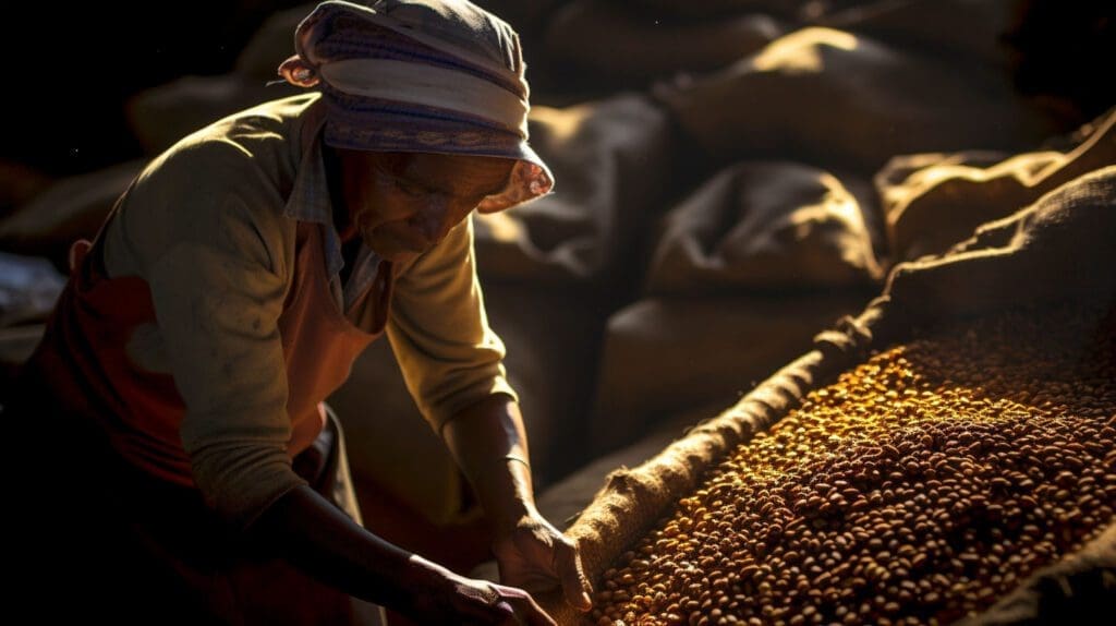 an old woman handing dried coffee beans