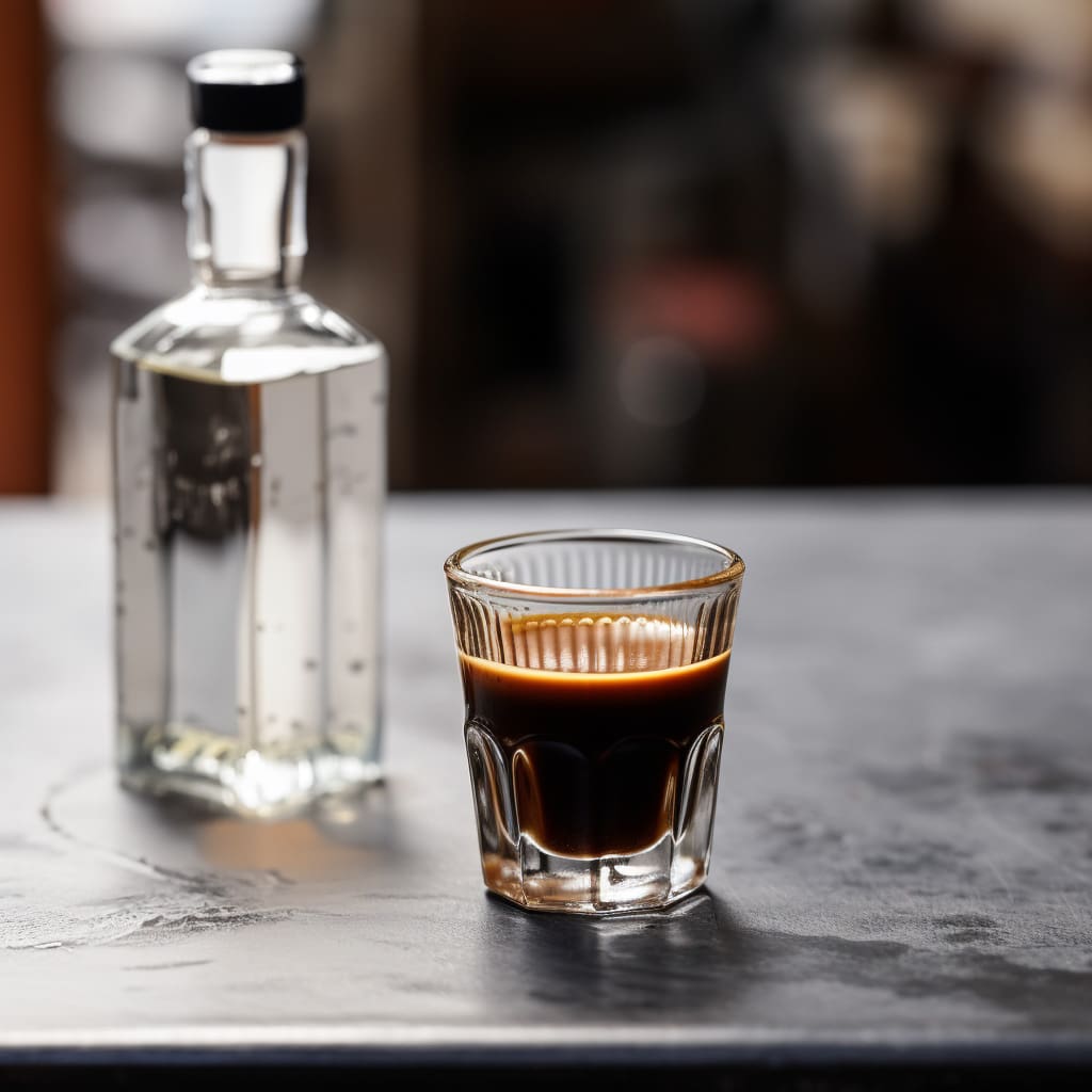 a bottle of grappa and a shot of espresso