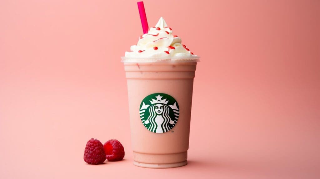 Bubblegum frappuccino from Starbucks in a cup on a table with a raspberry next to it. 