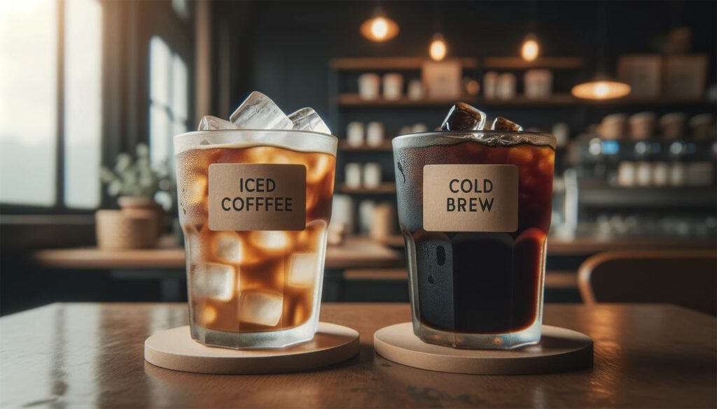 A Glass Of Iced Coffee Next To A Glass Of Brewed Cold Coffee
