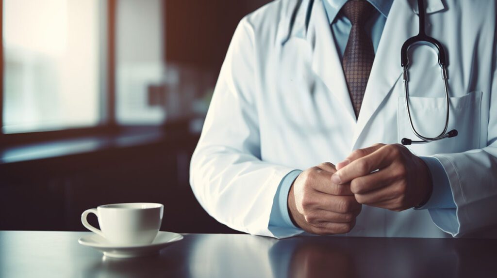 A Doctor In A Lab Coat Standing Next To A Cup Of Hot Coffee