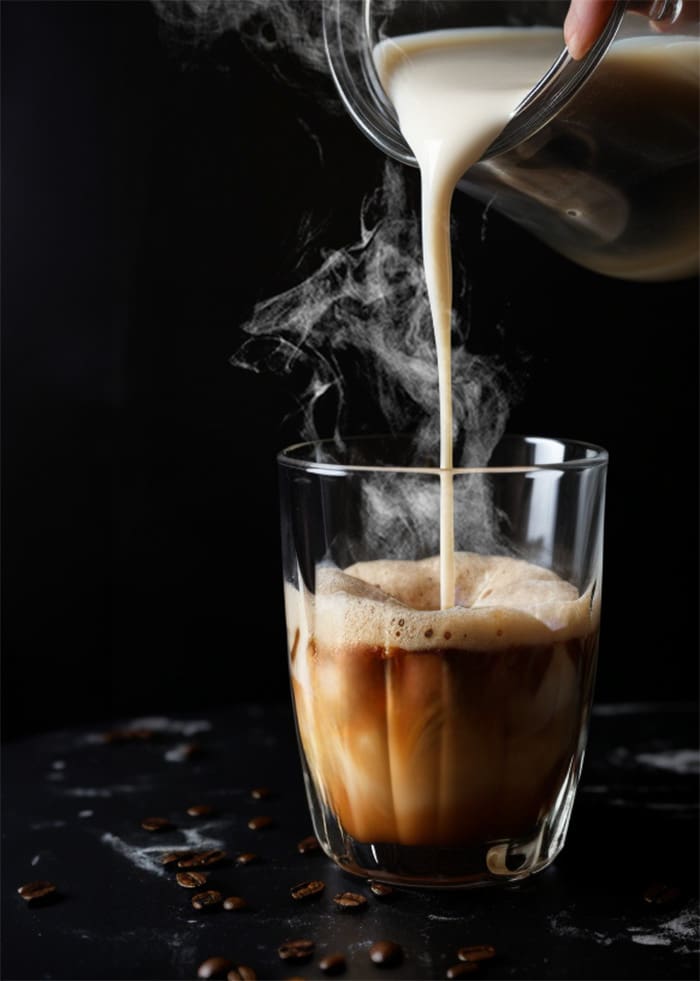 scalded milk being poured into a glass filled half way with dark roast coffee