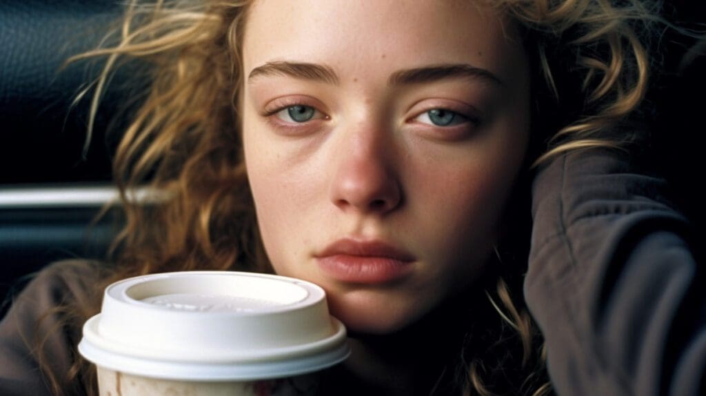 Hungover College Student Drinking A Black Eye Coffee In A Starbucks Paper Cup