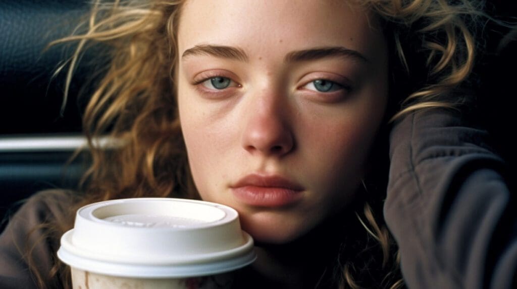 hungover college student drinking a black eye coffee in a starbucks paper cup