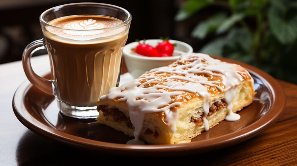 A Café Con Leche De Desayuno Served Next To A Pastry With White Frosting And Fresh Fruit

