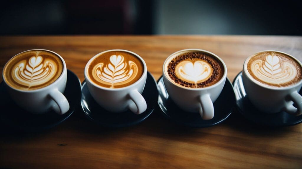 What Is Second Wave Coffee? 4 espresso based drinks, with latte art in the foam