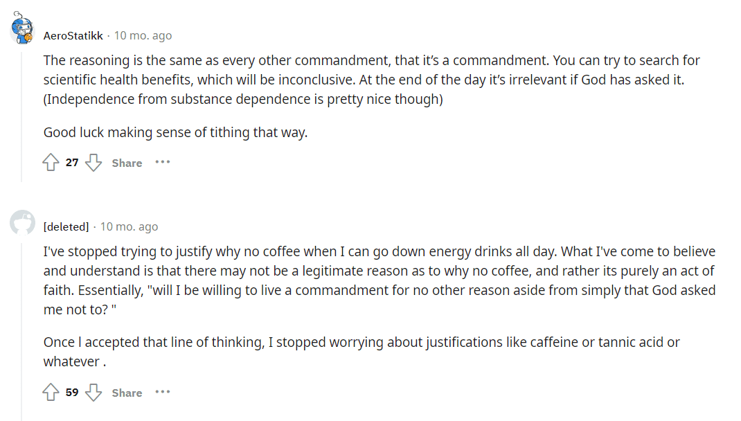 screenshot of a debate in LDS subreddit about coffee and tea