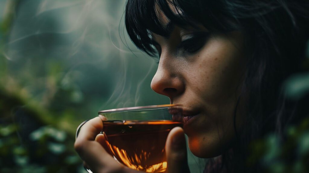 A Young Woman Breathing In The Aroma Of Her Hot Tea