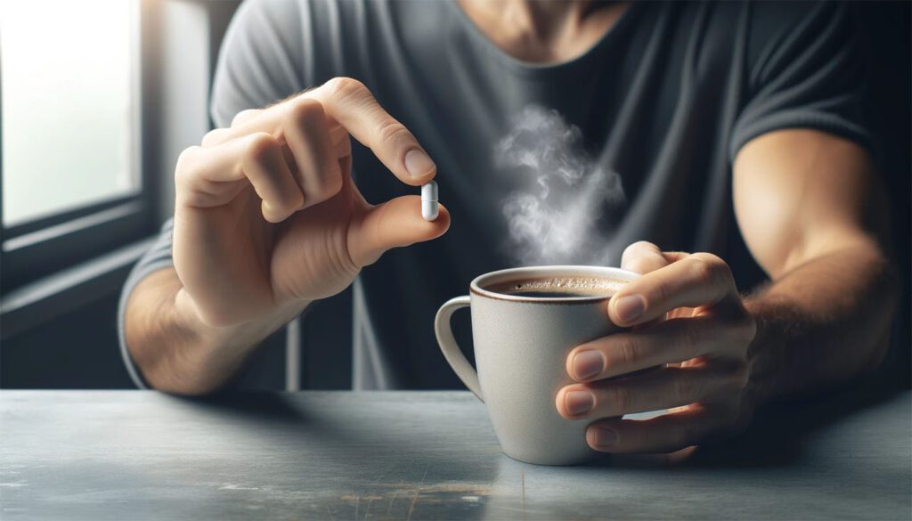 A Man Holding Up A White Pill While The Other Hand Holds A Cup Of Coffee