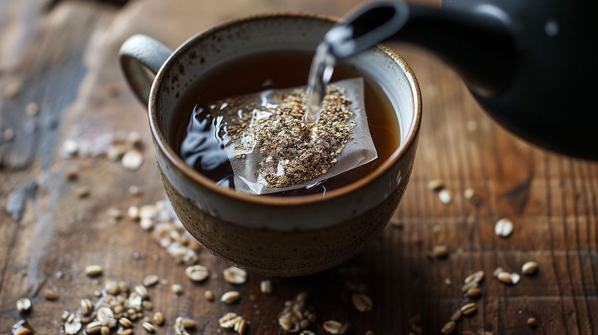 steeping roasted and ground barley in a mug of hot water as an alternative to coffee