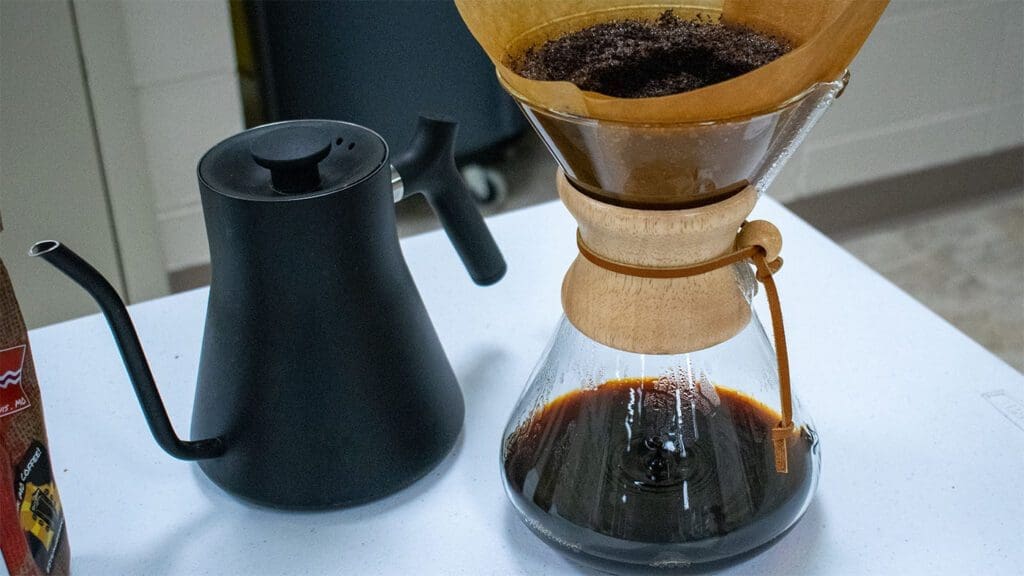 Chemex brewer and gooseneck kettle ready for pour over coffee