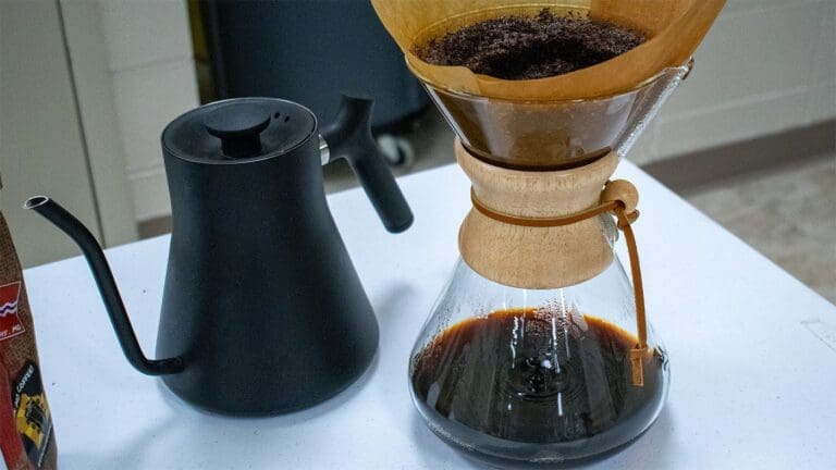 Best Coffee for Chemex: Why Light to Medium Roasts Work Best Chemex brewer and gooseneck kettle ready for pour over coffee