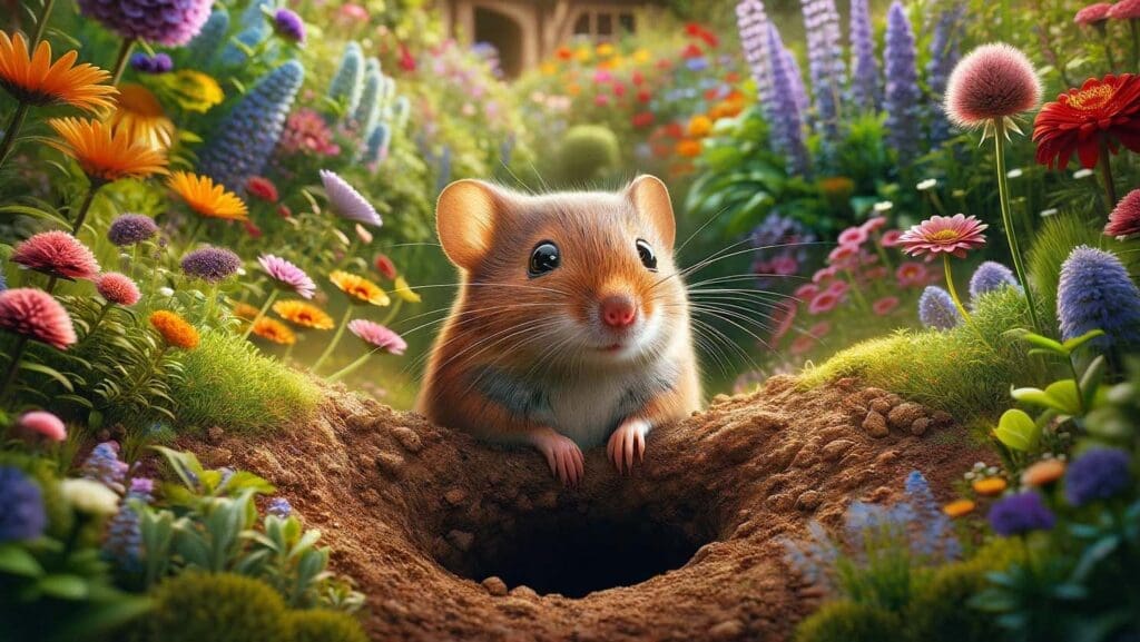 A vole sitting right above his hole, looking proud, in a beautiful flower garden