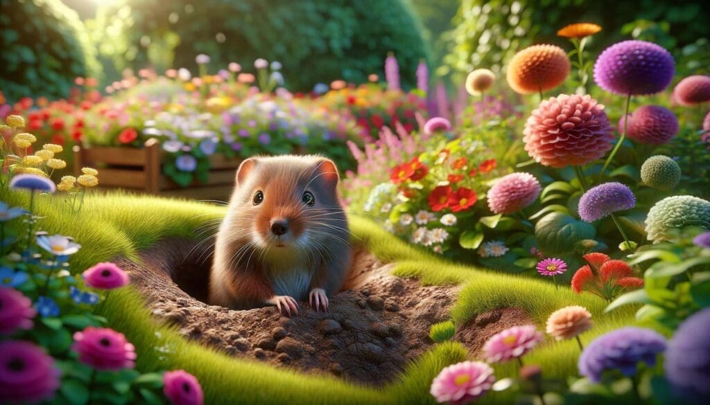 A vole popping his head out of a hole in a beautiful flower garden