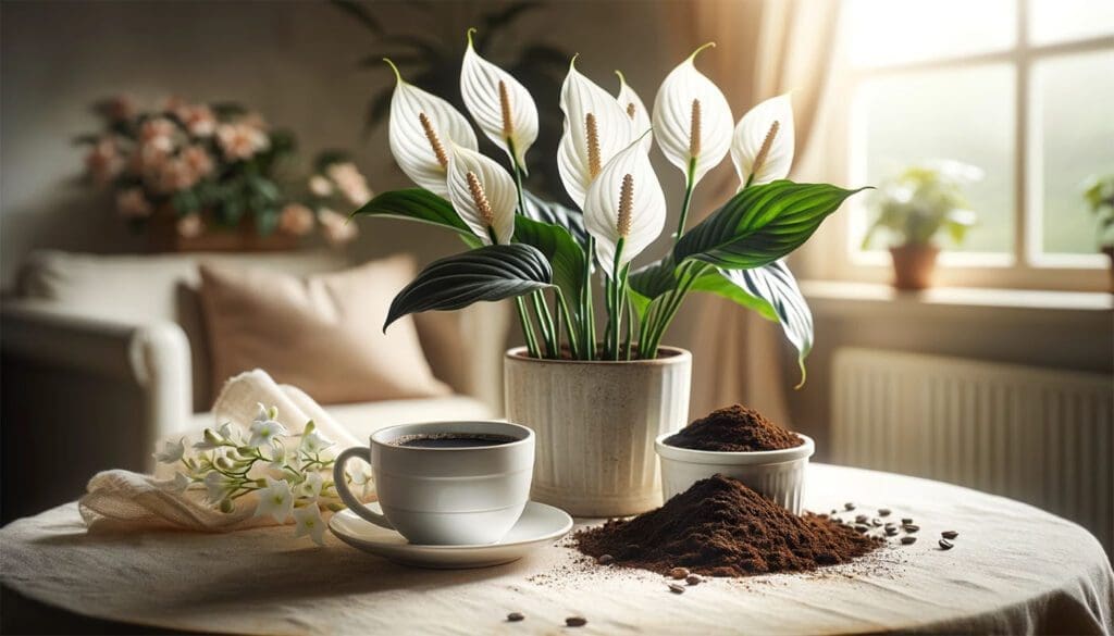 a peace lily plant in a pot next to a mug of coffee and coffee grounds