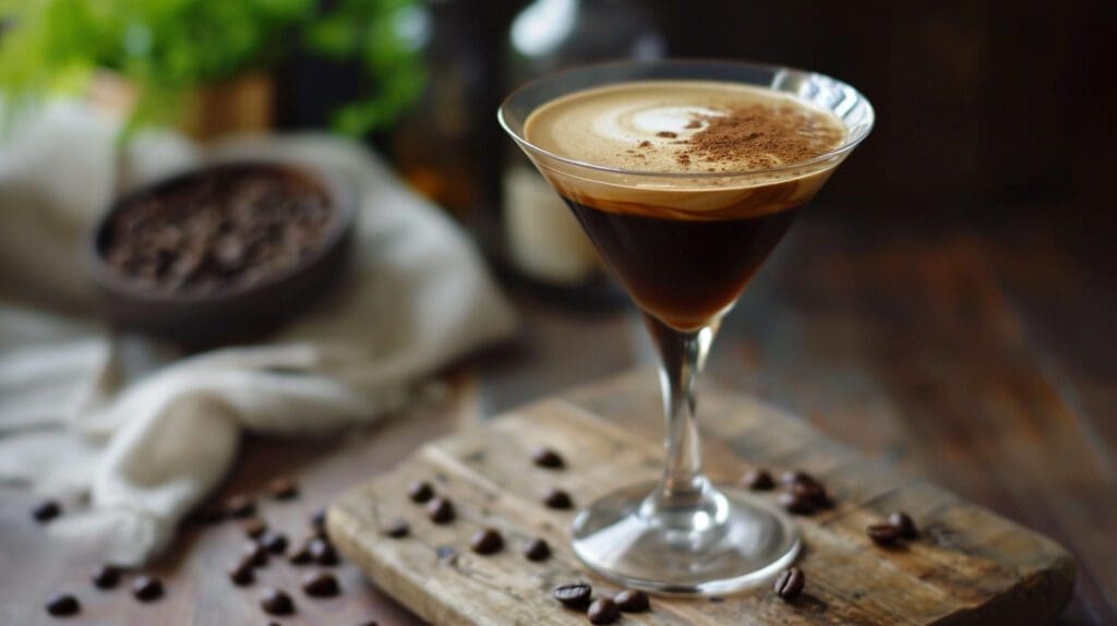 What Is a Cold Brew Martini and How Do You Make It? a cold brew martini on a cutting board