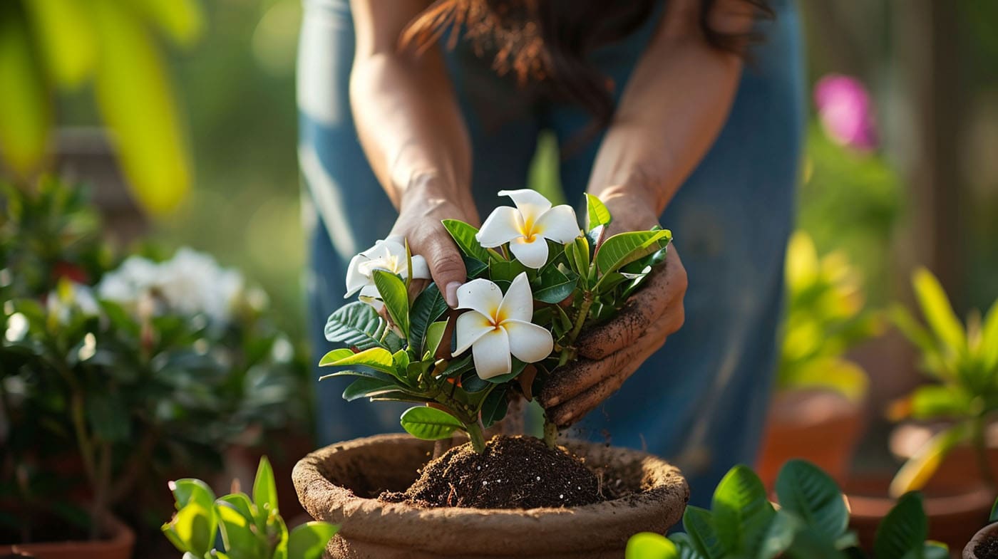 A woman fertilizing her potted plumeria plant with coffee grounds