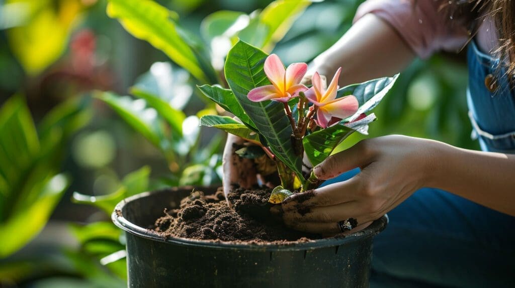 A woman fertilizing her potted plumeria plant with coffee grounds