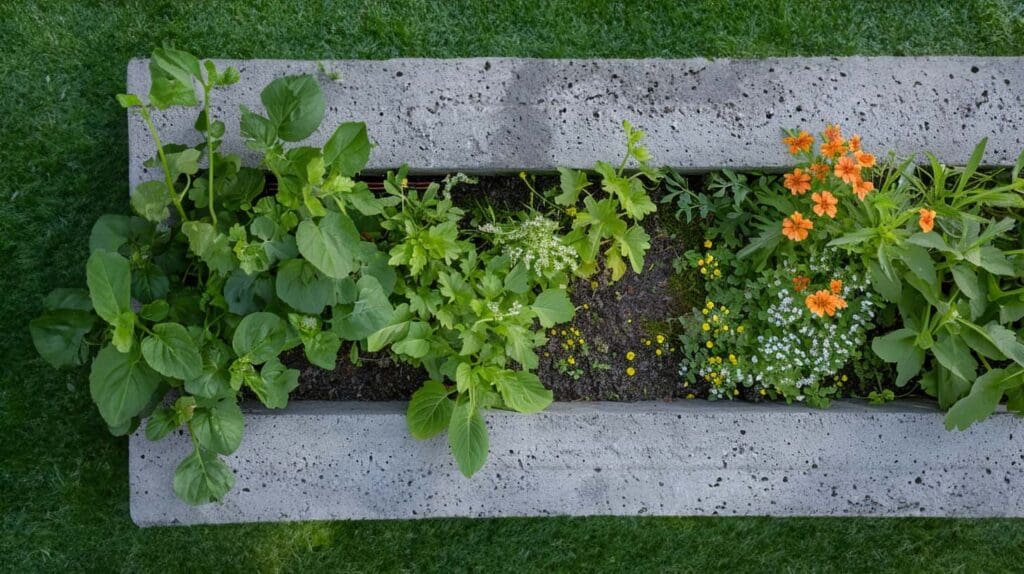 Herbs Growing In A Large Concrete Planter Fertilized With Coffee Grounds