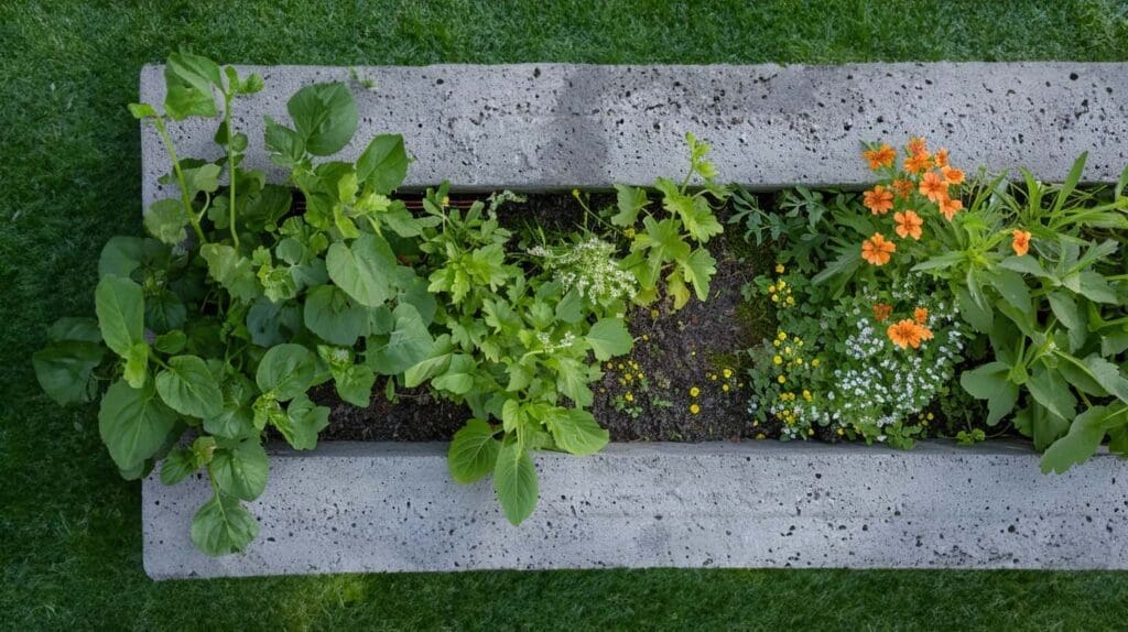 Fertilize your plants with coffee grounds in your newly built concrete planter Herbs growing in a large concrete planter fertilized with coffee grounds