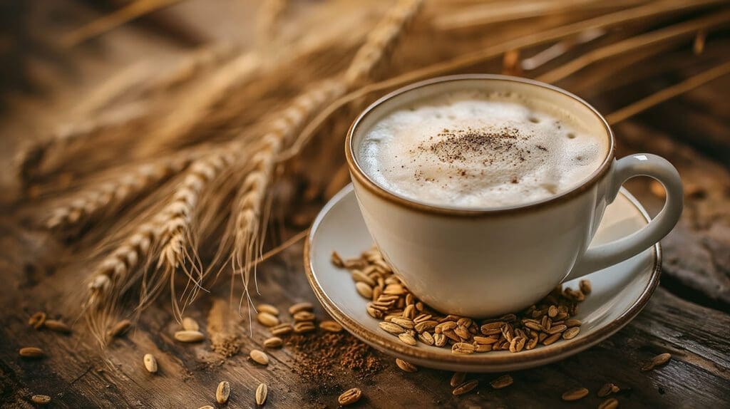 a mug of barley coffee on a wooden table