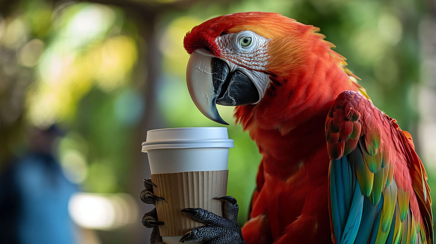a parrot holding a coffee with both claws