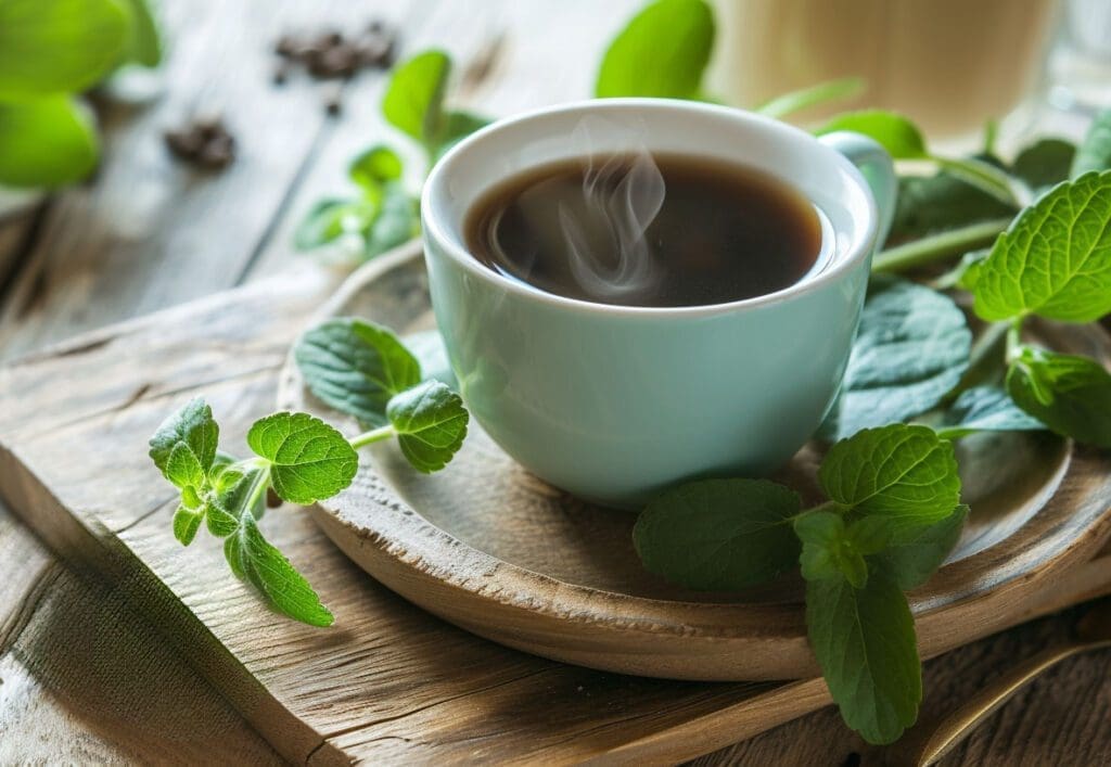 a mug of hot coffee surrounded by Stevia leaves