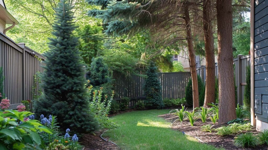 The Ultimate Guide to Backyard Landscaping with Coffee Grounds A small backyard with an evergreen tree