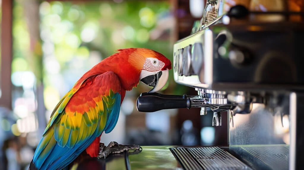 a parrot perched on an espresso machine