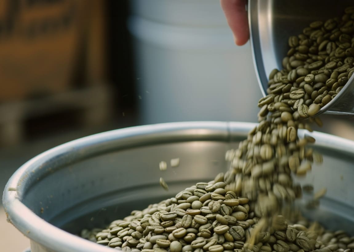 Green coffee beans being poured