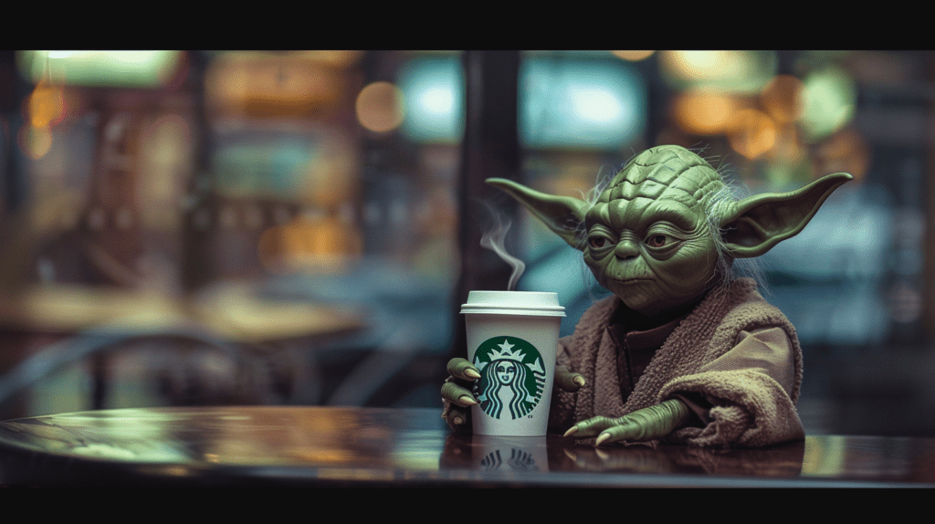 yoda drinking a starbucks coffee