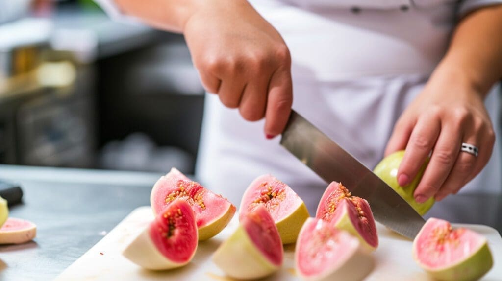 Quartering guavas with a large knife